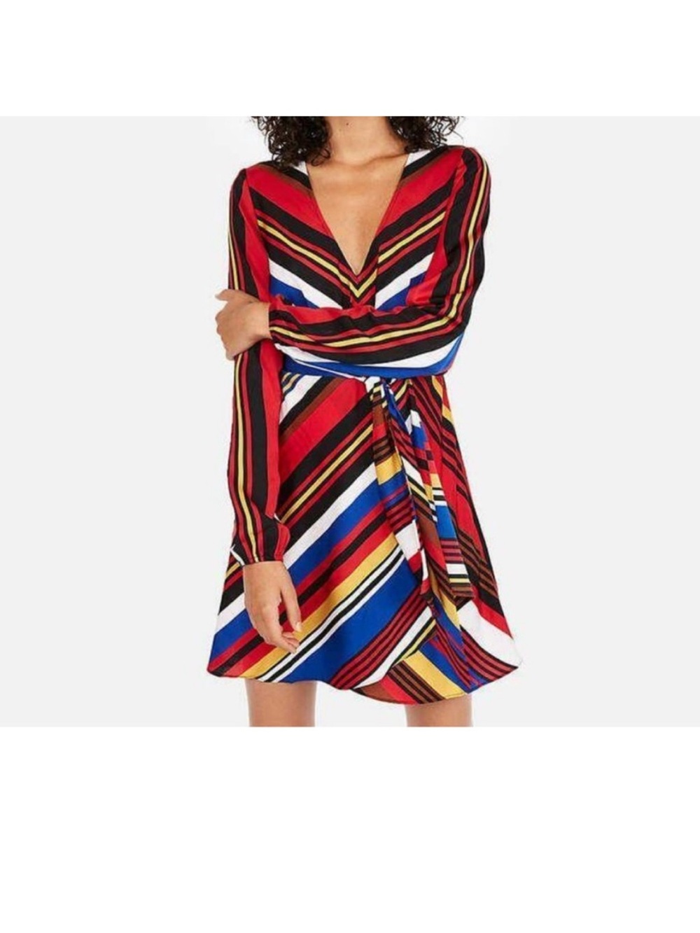 Express Multicolor Striped Tie-Waist Long Sleeve Mini Dress Small NWT